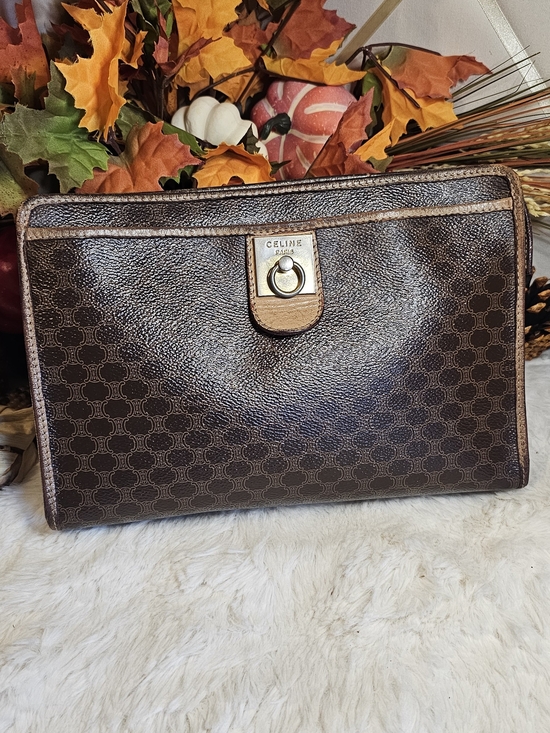 Celine Handbags - Celine Brown Monogram Canvas Clutch with Gold Hardware
